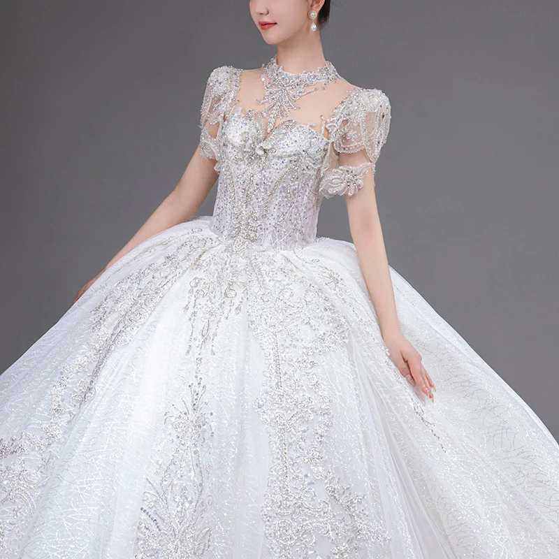 Jancember O-Neck Illusion Wedding Dresses Short Sleeves Ball Gown Embroidery Button Exquisite Wedding Dress Robe De Mariée XS006