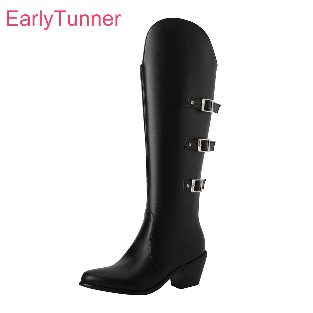 

New Winter Fashion Black Beige Women Knee High Riding Boots Hot Pointed Toe High Heel Lady Shoes Plus Big Size 10 42 44 48