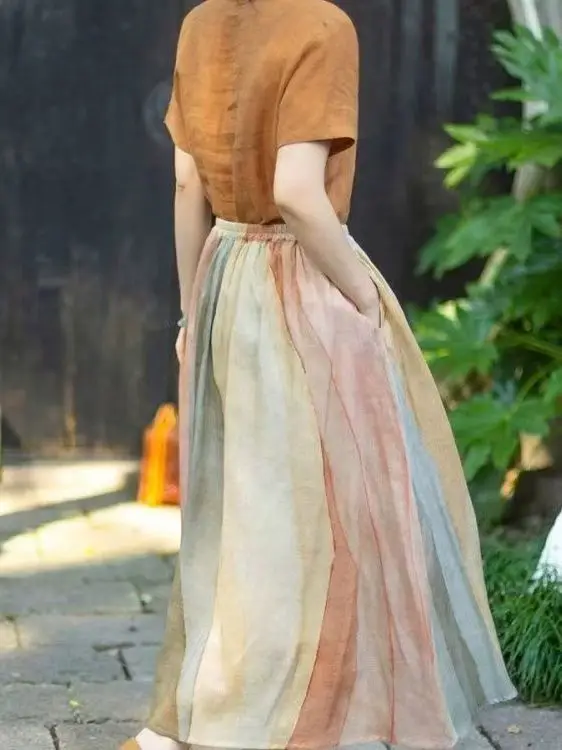 Slimming High Waist Pleated Rainbow Stripes Double Layered Loose A-Line Skirt Women's Commute Style with Inner  Polyest...