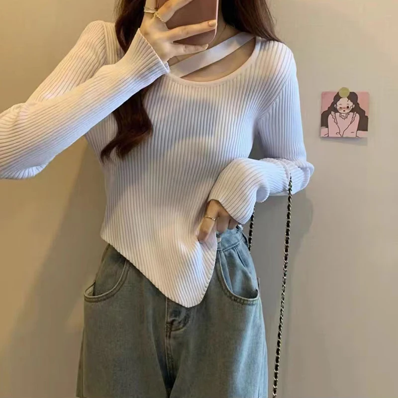 Women Irregular Hem Sweet Sweaters Solid Long Sleeve Slim Knit Pullover Bottoming Knitwear Sweater For Women 2023 Autumn