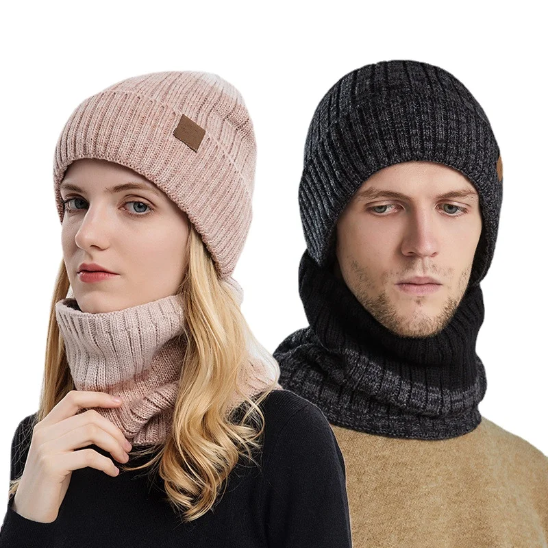 Winter Hat for Men Women Bonnet Hat Scarf Sets Velvet Fur Lined Thick Warm Beanies Balaclav Mask Knitted Hat Caps Male Female