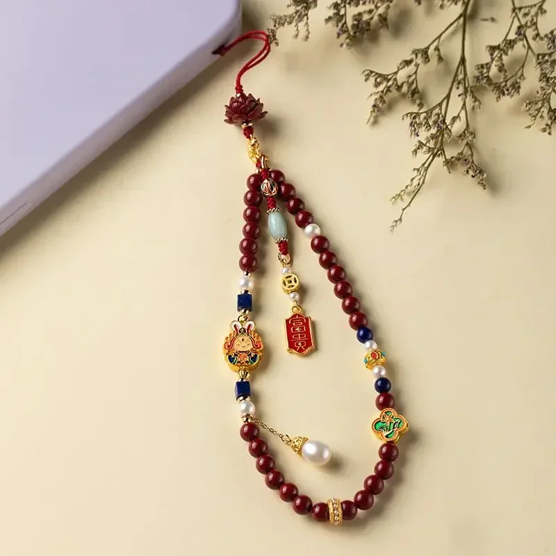 Natural Cinnabar Rabbit Year Lotus You Ping An Rabbit Lord Mobile Phone Chain Carrying Rope, Primordial Year Pearl Pendant
