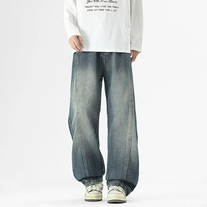 Men's Jeans Versatile High Street Pants American Style Patchwork Retro New Autumn Straight Tube Loose Casual Washed Pants