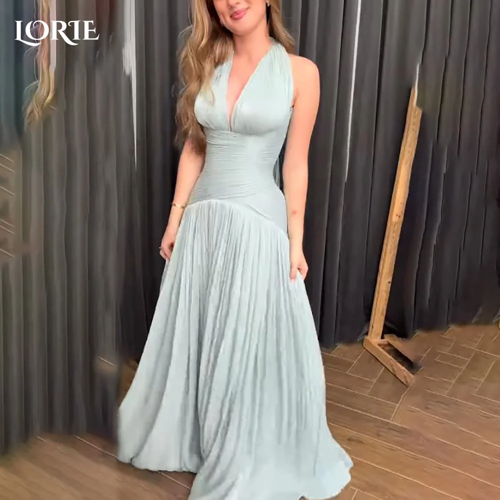 

LORIE Modest Crepe Evening Dresses Elegant Halter Deep V Neck Pleats Mermaid Arabia Prom Gown Ruffle Party Dresses Customized