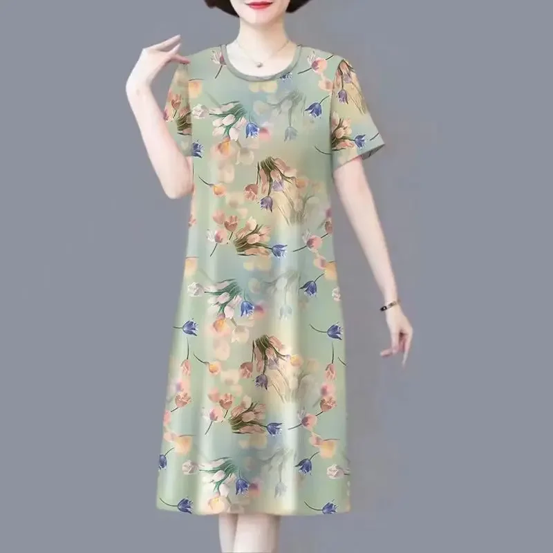 Temperament Senior Simplicity Printing Flower Literature Retro Style Ice Shreds Comfort Cool Loose Women's Dress Summer 2024