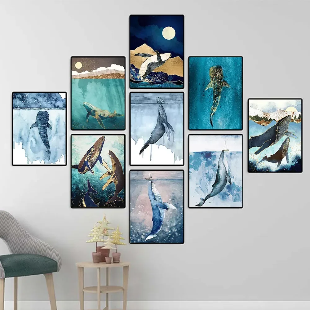 Abstract Posters Big Whale Ship Sea Print Watercolor Marine Animal Canvas Painting Wall Art Picture For Kid Room Home Decoration