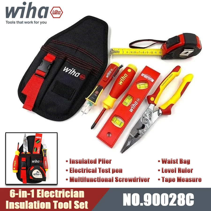 

WIHA 90028C 6-в-1 набор инструментов для изоляции электрика, поясная сумка, изолированные плоскогубцы, отвертка, тестовая ручка, рулетка, линейка уровня