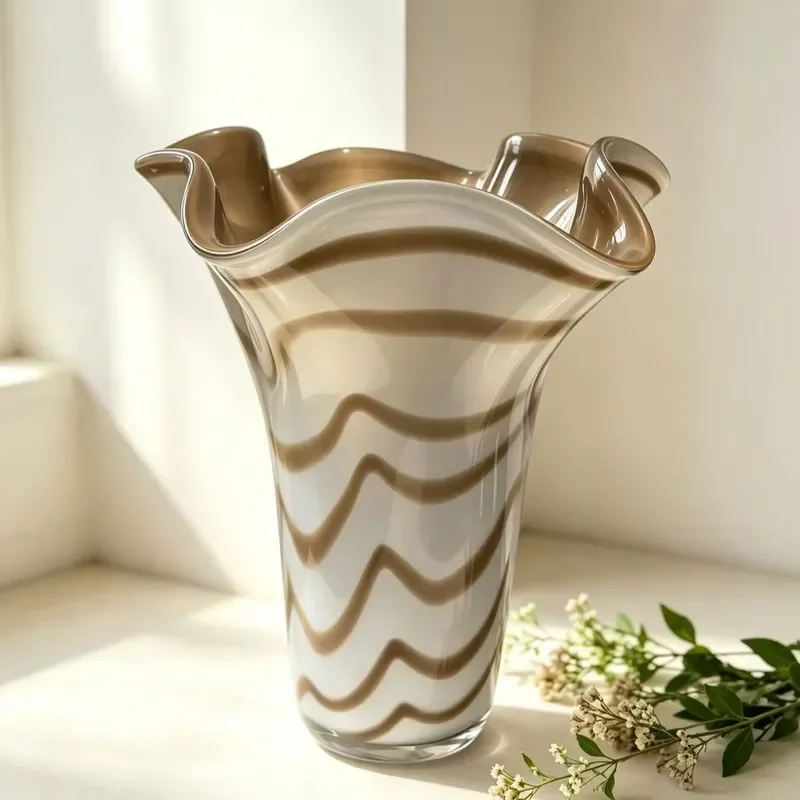 Modern Glazed Ceramic Vase Wavy Mouth Design Home Decor for Living Room Bedroom Table Centerpiece Artistic Flower Holder