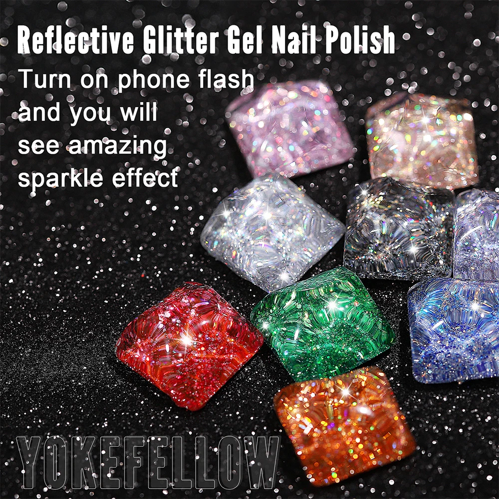 2024 Nuovo YOKEFELLOW 10ML Riflettente Glitter Gel Smalto per unghie Soak Off Gel UV Smalto colorato per unghie Gel per manicure