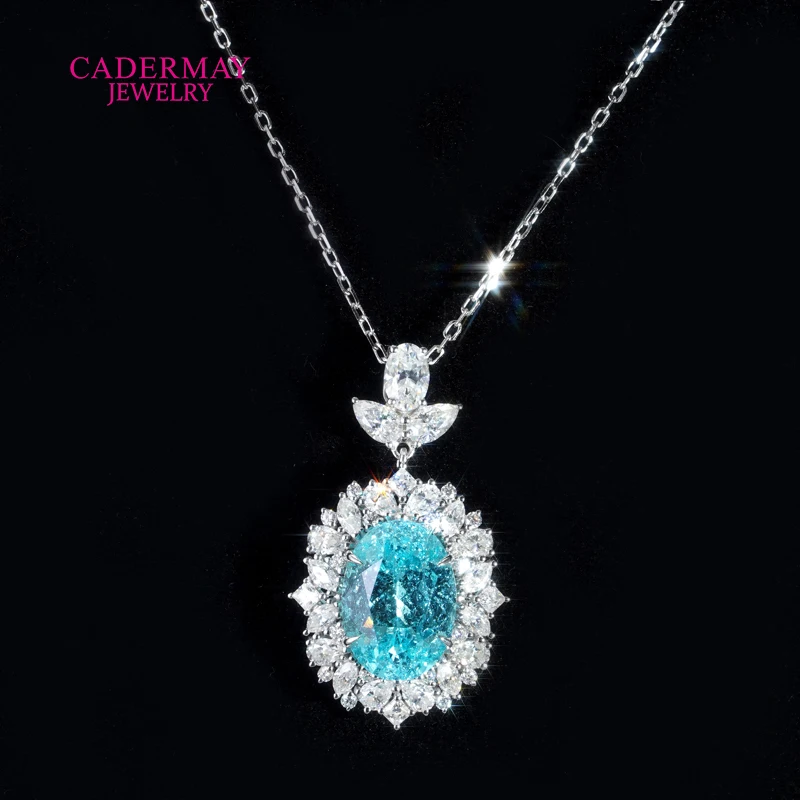 Cadermay Luxury 10CT Lab Grown Neon Blue Paraiba Pendant 925 Silver Yttrium Aluminum Garnet Halo Moissanite Pendant Women Gift