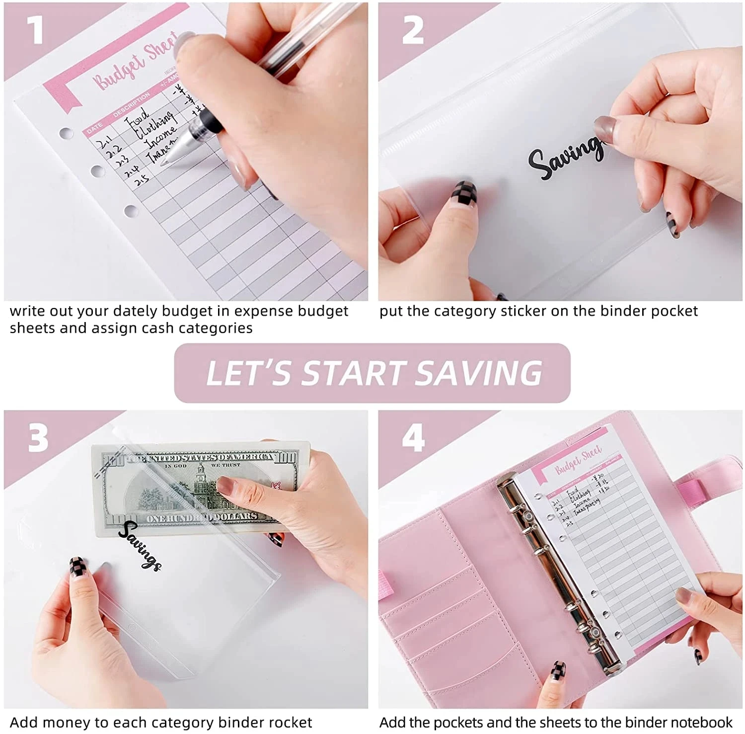 A6 Binder Budget Notebook Personal Planner Organizer System with Binder Pockets Money Envelope Wallet for Saving Money budding