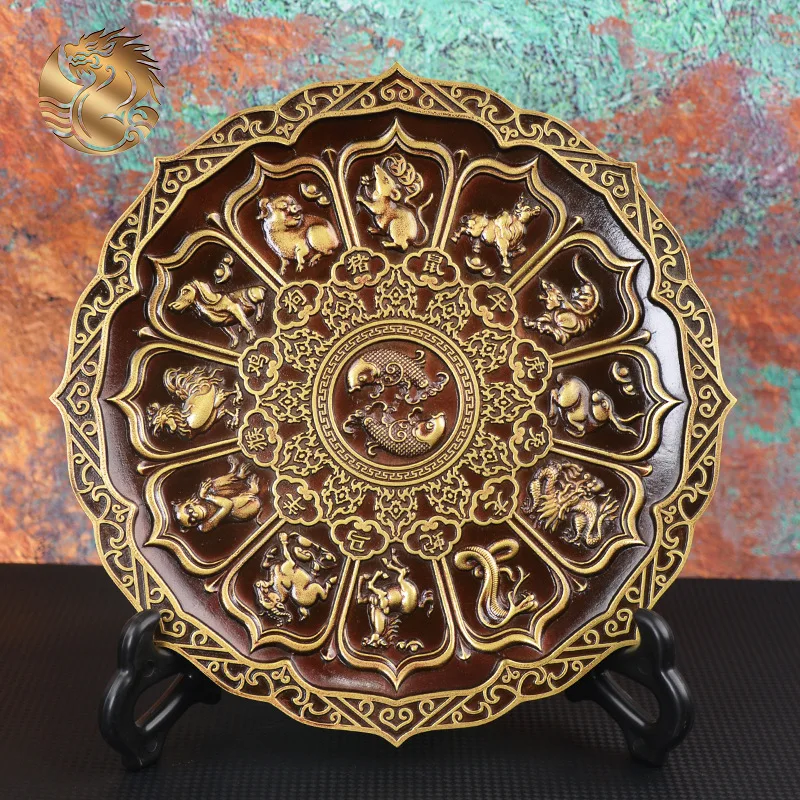 All-brass zodiac animal figurines, embossed copper plates, home decor for the entryway, copper ornaments