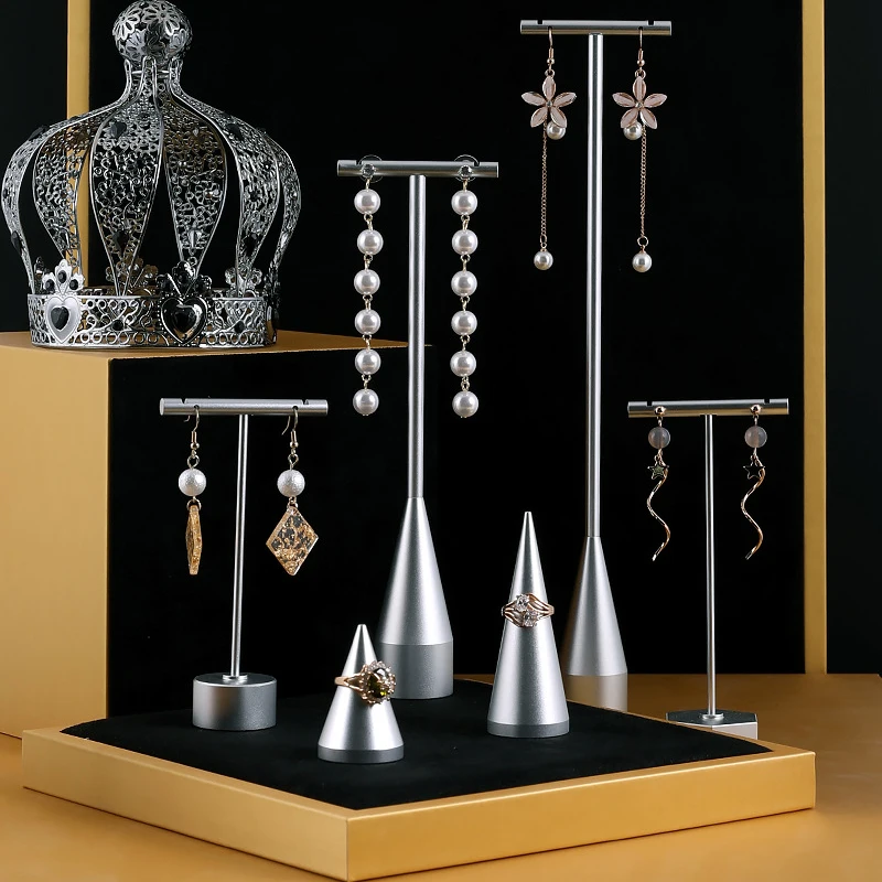 حامل عرض القرط المعدني على شكل حرف T، منظم مجوهرات بقاعدة سداسية لبيائع البيع بالتجزئة والتصوير الفوتوغرافي في المتجر عبر الإنترنت #4