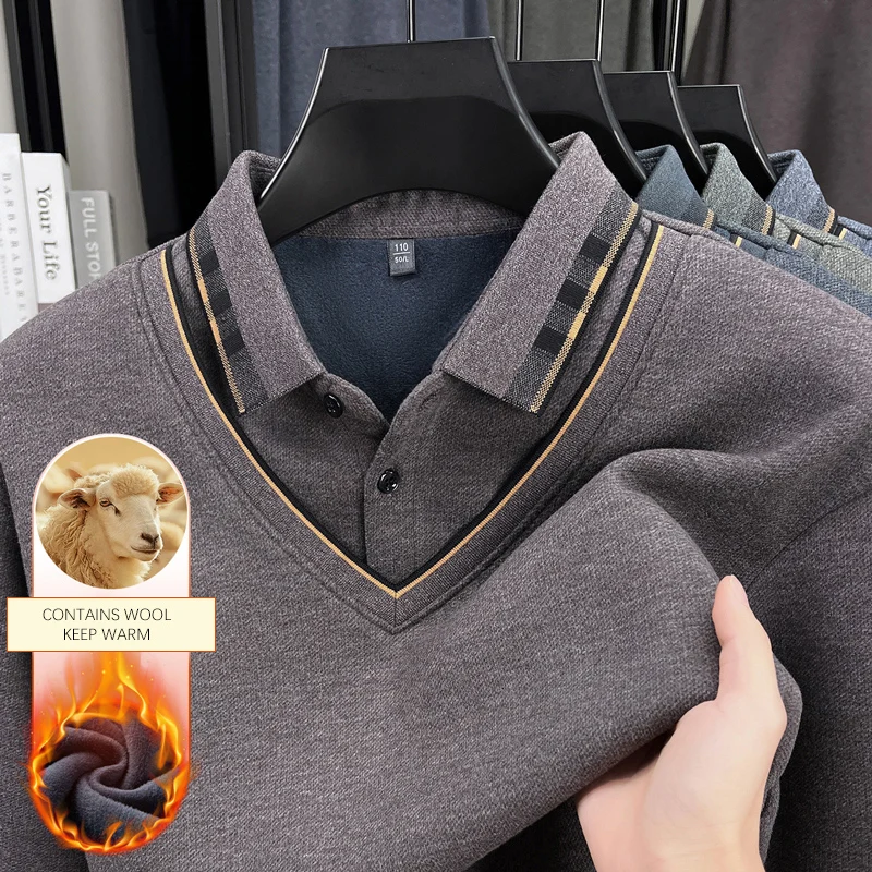 

Мужская флисовая рубашка-поло TFETTERS 2025 года, зимняя, с длинным рукавом, однотонная, имитация двухслойного дизайна, для работы и офиса, для мужчин