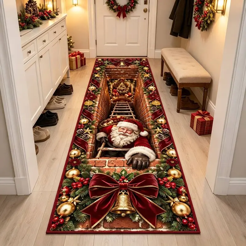 VIKAMA Christmas Hallway Runner Rug Non Slip Washable Long Corridor Mat Santa Chimney 3D Xmas Festive Entryway Home Decor