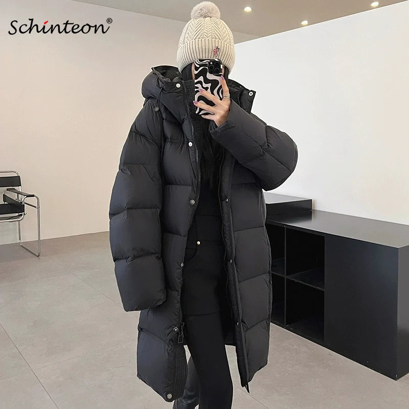 Schinteon Women's White Duck Down Long Jacket with Hood Autumn Winter Warm Casual Loose Outwear 2025 New Fashion Coat