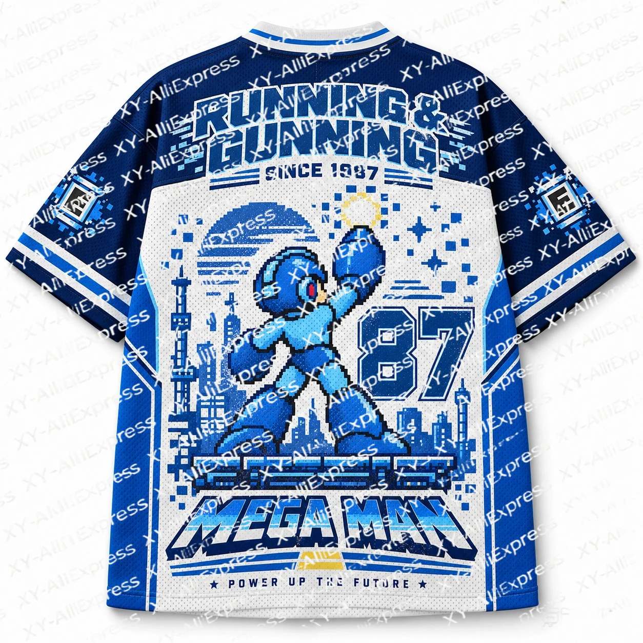 Retro Pixel Art Jersey in Classic Blue Tones. Mecha Character & Futuristic City Silhouette, Texture of Old Game Poster.