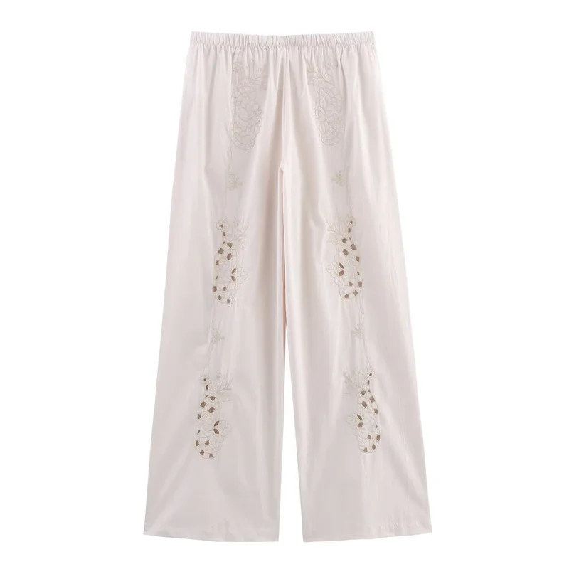 KEYANKETIAN Spring/Autumn New Women's Hollow out Flower Embroidery Decoration Straight Pants Pajama style Elastic Waist Trousers