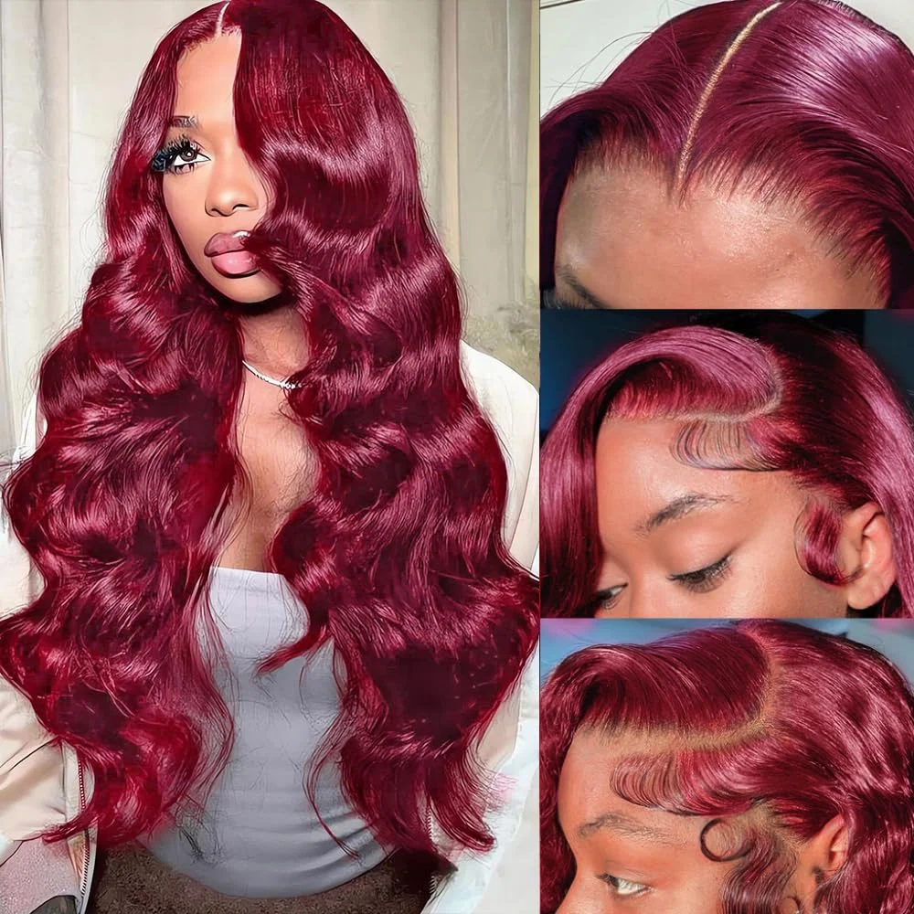 

99j burgundy 13x6 Lace Front Human Hair 200 Density Body Wave 46 Inch Red Colored Brazilian Lace Frontal Wigs For Black Women