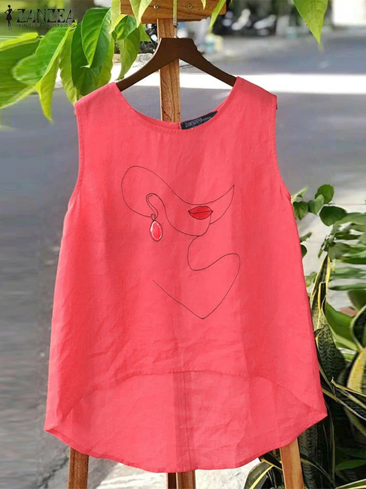 2025 ZANZEA été Camis femmes sans manches imprimé Blouse Vintage coton débardeurs hauts décontracté col rond ample vacances chemise Mujer Femme