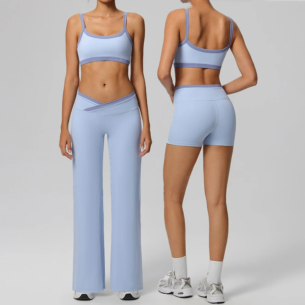 Women Yoga Set 2 Piece Outfit Cross V Waist Sports Bra Flare Pants Biker Shorts High Waisted Solid Color Gym Fitness Workout Y2K