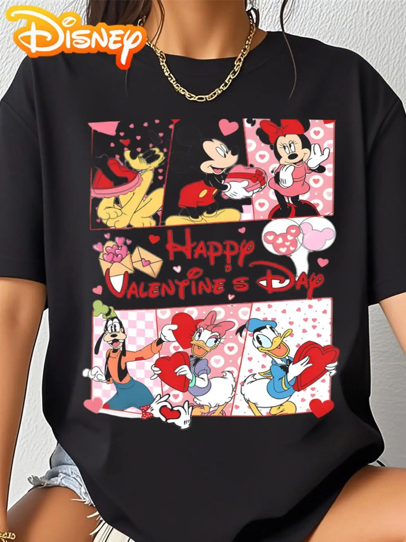 

Футболка ко Дню святого Валентина Диснея — свободный круглый вырез с забавными персонажами мультфильмов и принтом сердца, повседневная, можно стирать в машине