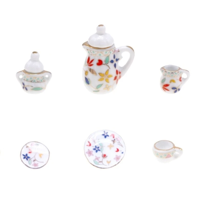 1:12 Miniatures Dollhouses Kitchen Accessories Flower Mini Teapot Cup Plate Set