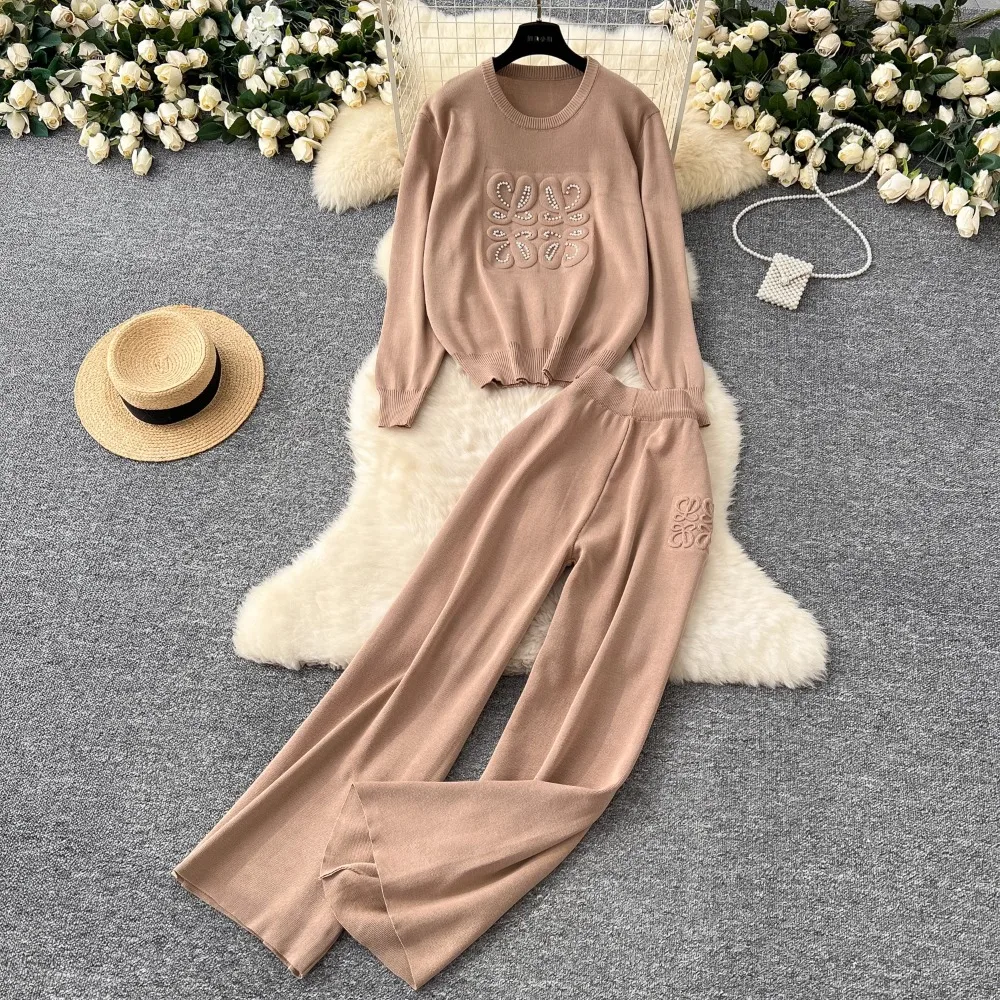 

Korean Style Heavy-duty Beaded Round Neck Long-sleeved Knitted Top for Women High-waisted Slim Wide-leg Pants and Sweater Suit