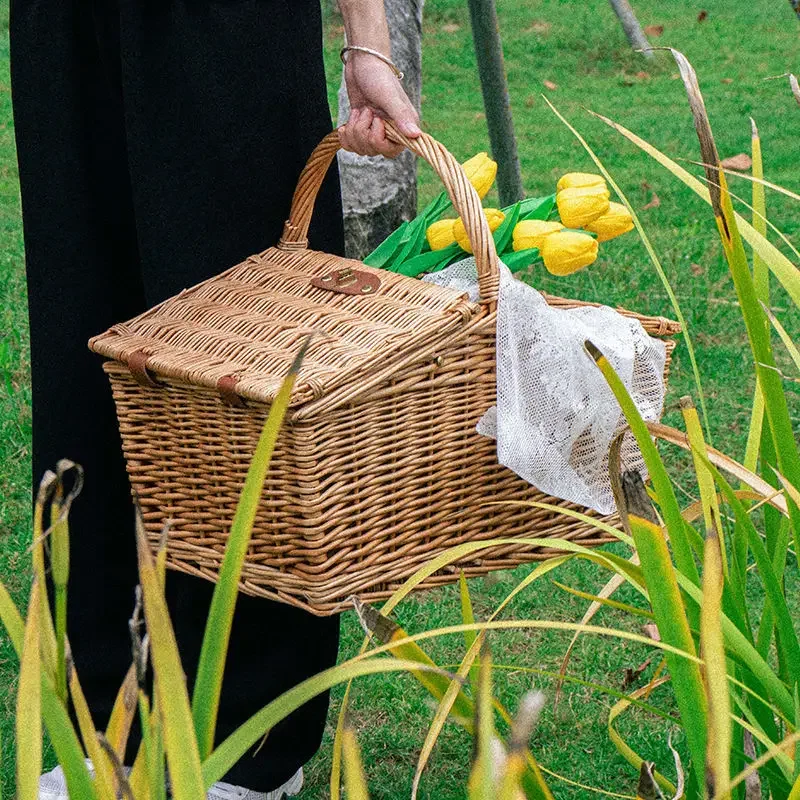 

Double Door Organizer Boxes Willow Weaving Design Picnic Baskets Multifunctional Fruit Basket Convenient Handle Flower Basket