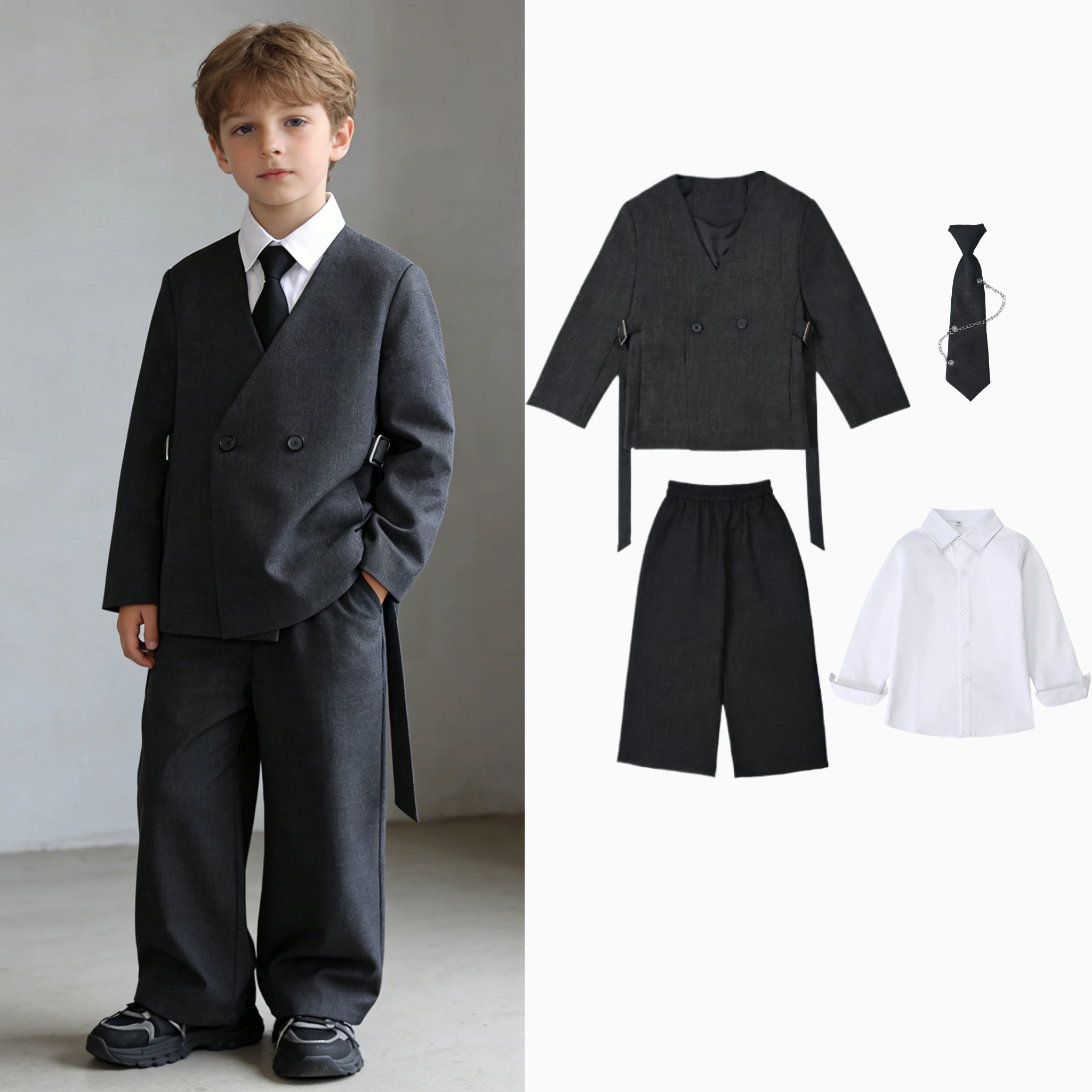 Kids Boys Formal Plaid Suit Set Double Breasted Jacket White Shirt Wide Leg Pants School Child Wedding Host Performance Outfit
