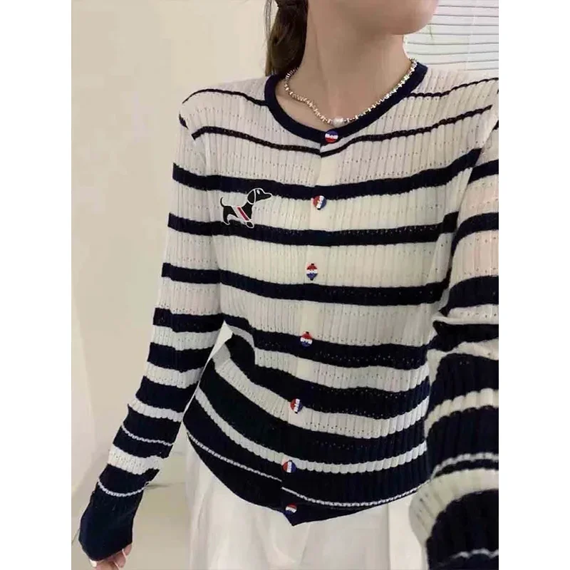 Women Clothing Striped Fashion Y2k Sweaters Cartoon Embroidery Vintage Knitted Cardigan Autumn Winter Elasticity Knitwear