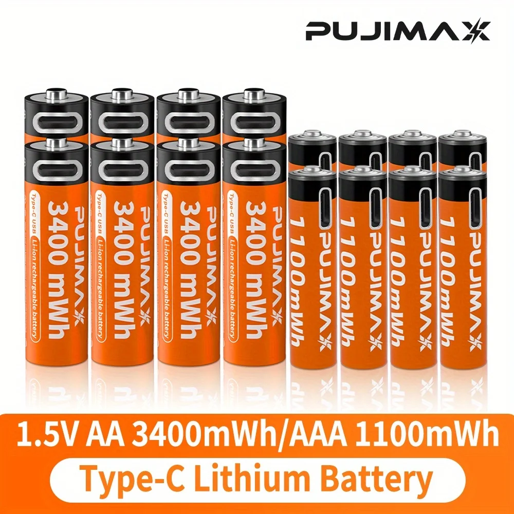 PUJIMAX 1.5V AA&AAA Rechargeable Lithium Battery 3400mWh/1100mWh, Type-C Port Charging Be Reused 1500 Times For Alarm Clocks