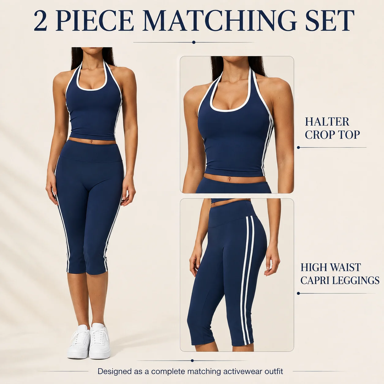 Women’s 2 Piece Activewear Set Retro Halter Crop Top High Waist Capri Leggings Contrast Trim Workout Outfit