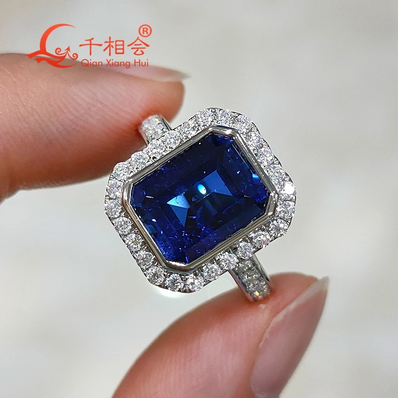 Lab grwon sapphire 9x11mm Emerald Cut stone melee white Moissanite Ring Silver s925 Diamonds Wedding Engagement Ring Women