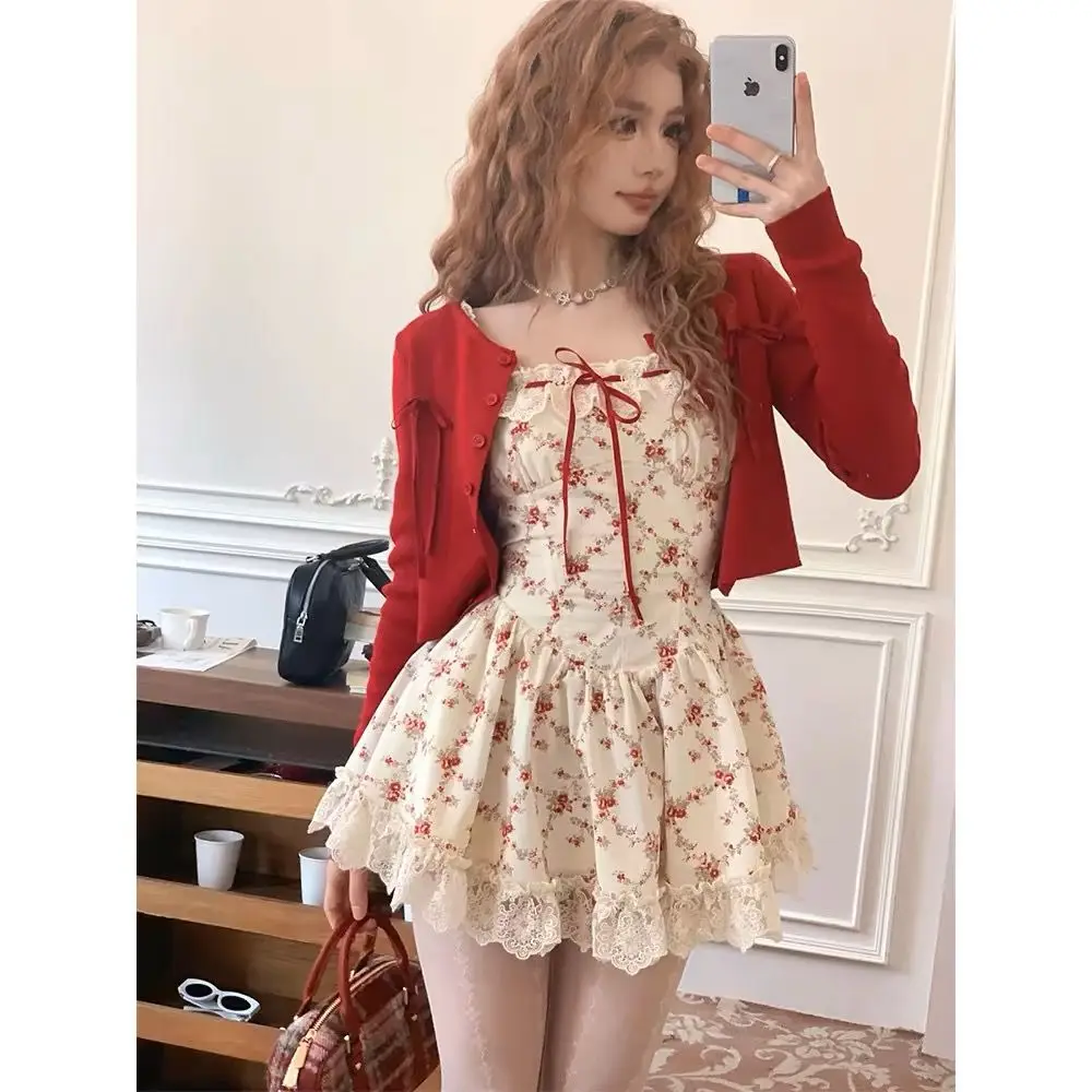 Sweet Cottagecore New Two Piece Set Women Red Knitted Cardigan +Cute Boho Mini Dress Female Print Casual Floral Dress Suit 2024