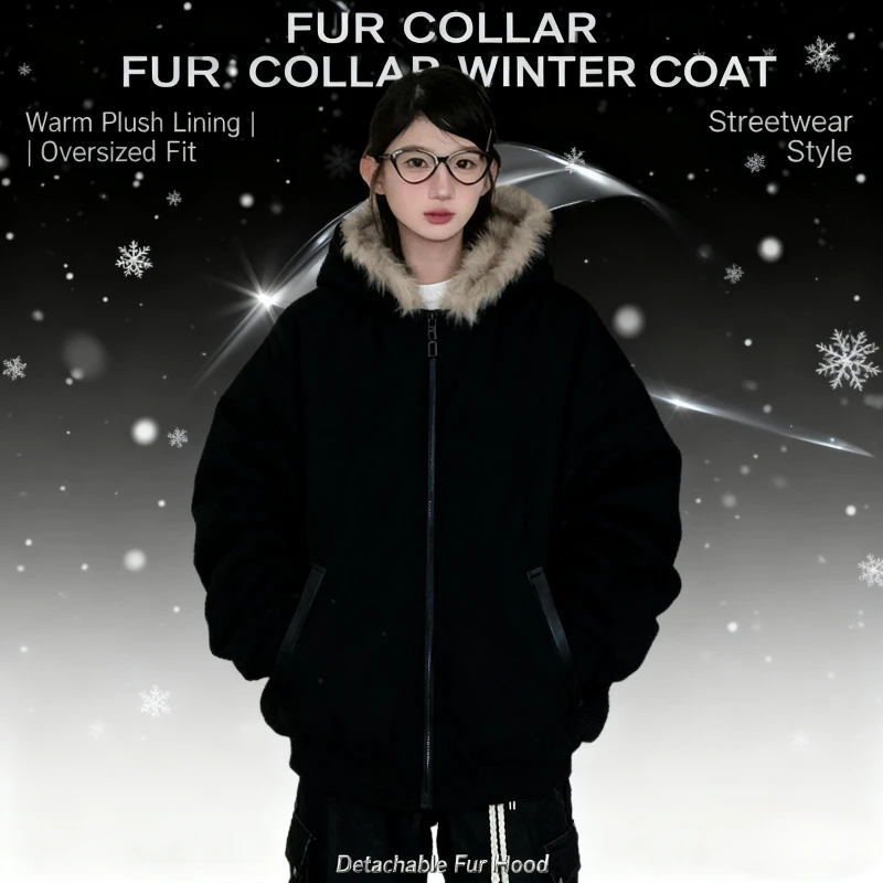 

American Vintage Women's Fur Patchwork Coat Winter High Stree Spice Girl Design Hooded Jacket Female Korean Fashion Y2k Clothes