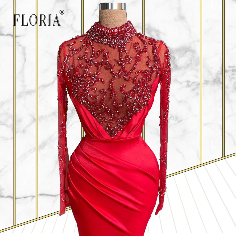 Vermelho completo frisado vestidos formais para as mulheres com lado dividido manga longa vestidos de festa de luxo sereia de gala