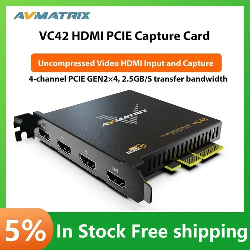 AVMATRIX VC42 Uncompressed 4 Channel HDMI PCIE Video Capture Card for OBS/Potplayer/XSplit/vMix Live Streaming