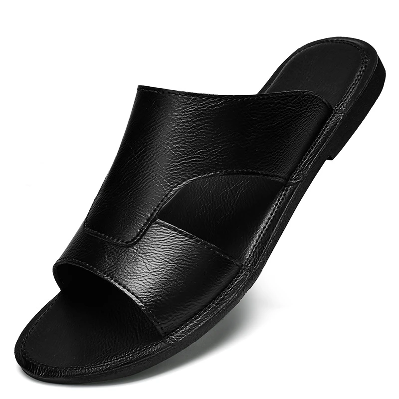 Cowhide Slippers Men's Black Versatile Genuine Leather 47 Flip-Flops Summer Beach Shoes Men's Soft Sole Leather Sandals Trendy