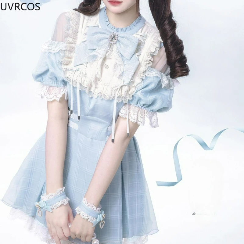 Japanese Sweet Lolita Bow Dress Shorts Set Women Kawaii Lace Ruffles Off Shoulder Plaid Shirts Dress Gothic Y2k Slim Party Dress