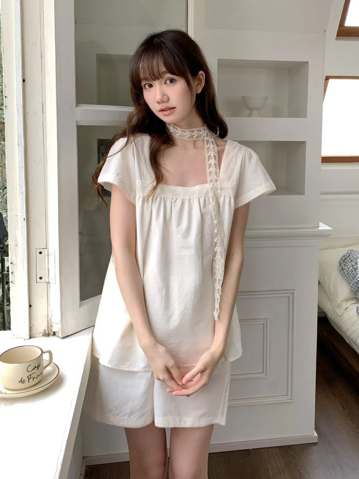 pyjama-d'ete-en-pur-coton-pour-filles-chemise-de-nuit-simple-et-douce-avec-col-carre-en-dentelle-manches-courtes-et-short