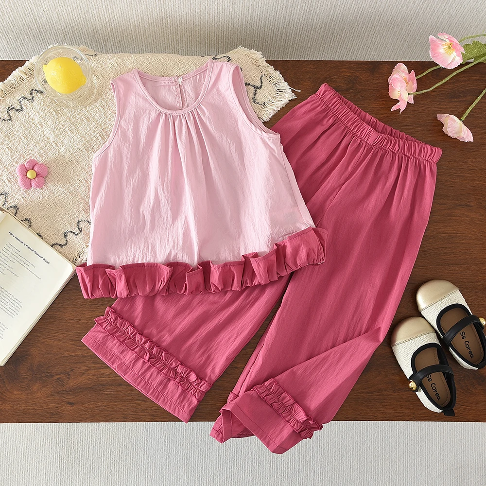 Korean Version Plain Color Summer Kids Clothes Girls Fashion New Splicing Sleeveless Top + Casual Pants 2026 Girl Outfits