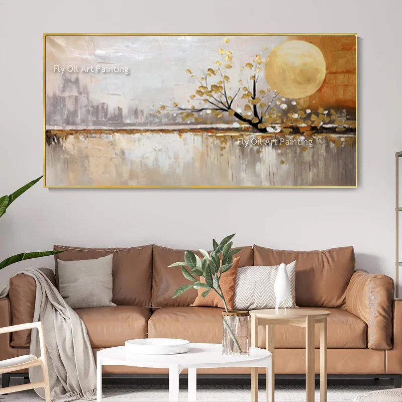 Original Large Moon Golden Tree Knife Thick Wall Art Handpainted Beige And Yellow Landscape Oil Painting On Canvas For Decor