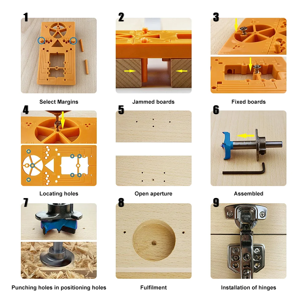 9Pcs 35mm Adjustable Forstner Drill Bit set Hinge Jig Position tools Woodworking Cabinet door drilling guide locator Sets