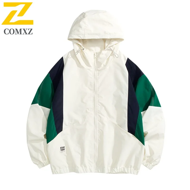 COMXZ 2025 Japanese Patchwork Hooded Jacket Men Women Heavyweight Waterproof High Quality Straight Pocket Coat