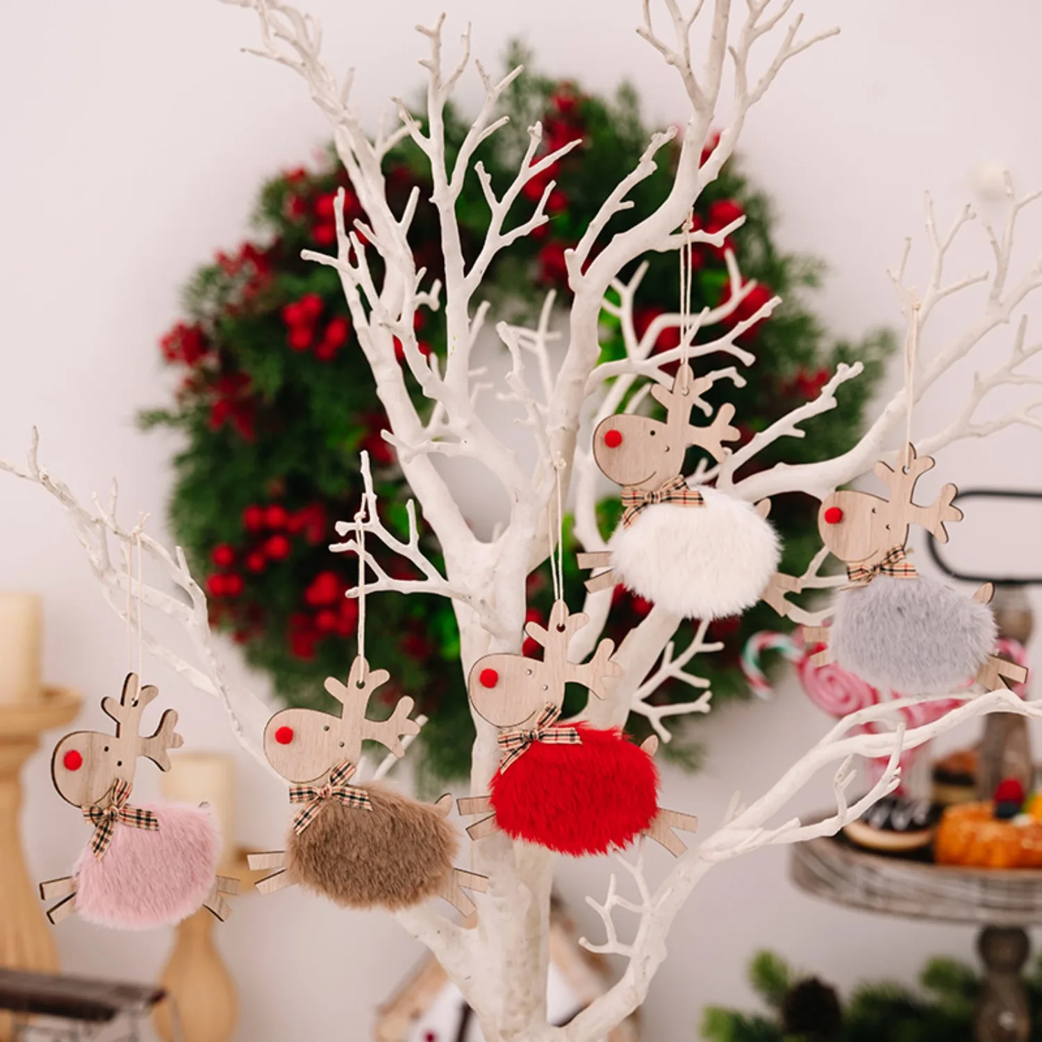 5/1Pcs Christmas Wooden Wool Felt Reindeer Plush Elk Hanging Ornaments Tree Decorations Deer Pendants Craft for Xmas Party Decor