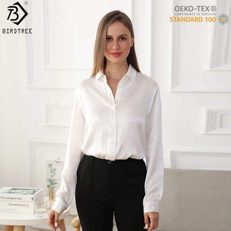 Birdtree, OEKO-TEX, 19MM 100% Silk Shirt, Long Sleeve, Lapel Pullover, Women's Single Breasted Slim Blouse, 2026 New T69035JF
