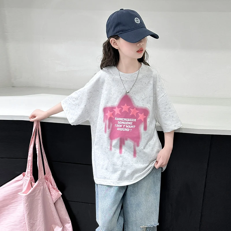 New Summer Children T-shirt with Stars Print for Teens Girl Fashion Short Sleeve Tshirt Kids Casual Cotton Tee Tops Outfit 5-14Y