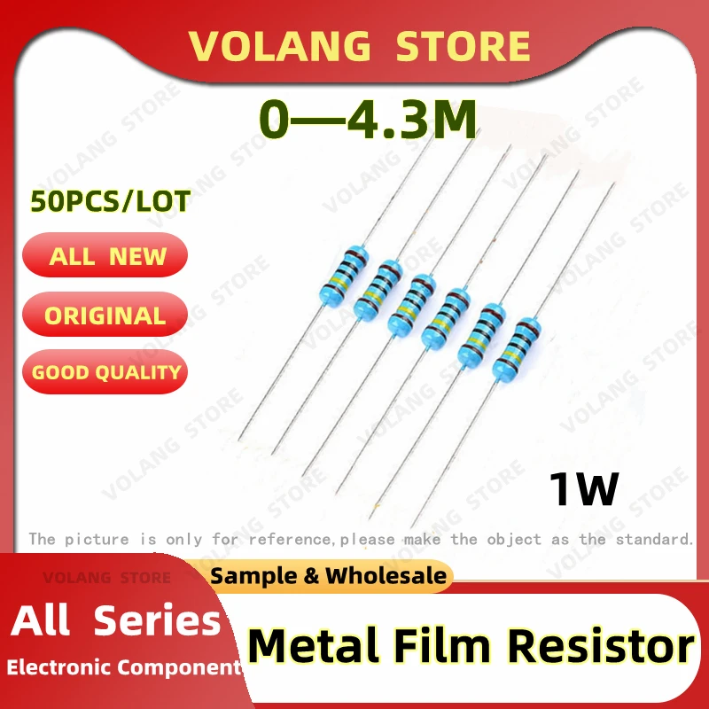 50 قطعة 1W المعادن مقاوم من غشاء 1% 0.1R ~ 4.3M 10R 22R 47R 680R 750R 1K 3K 10K 22K 47K 56K 330K 470K 1 2 10 22 47 100 330 91 1M أوم