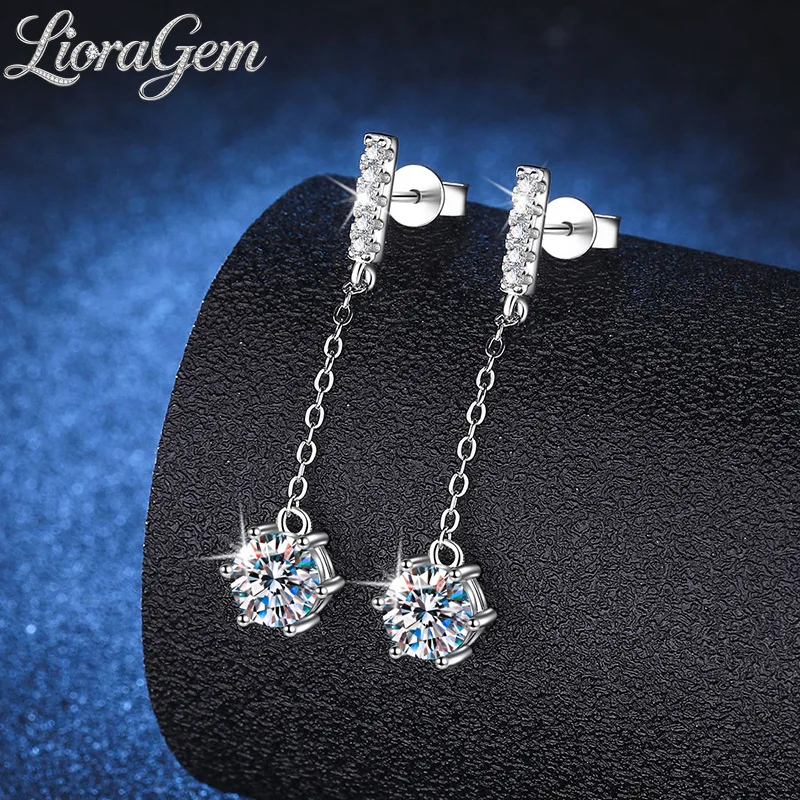 LioraGem Classic Moissanite Tassel Six-Claw Stud Earrings, D Color 1-Carat Moissanite Ear Thread Platinum PT950 Stamp